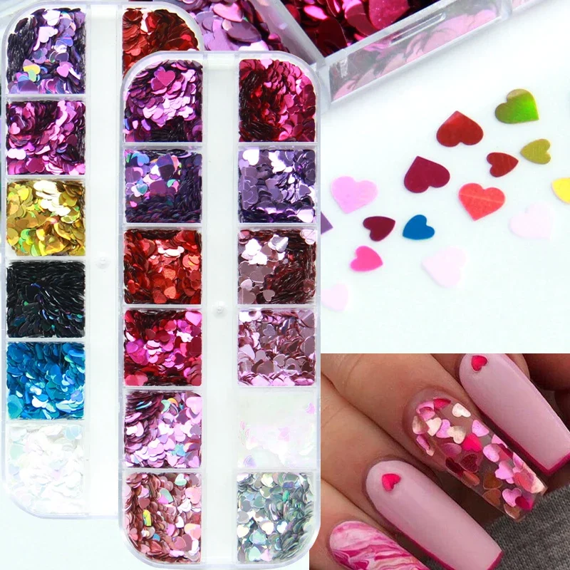 12 Grids Love Heart Nail Charms Glitter Sequins Irregular AB Mermaid White Snow Flakes Maple Butterfly Nails Accessories Tools