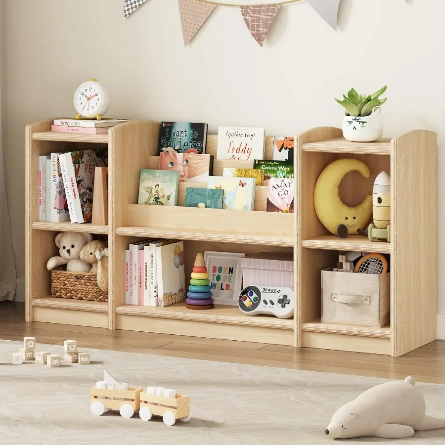 Wooden Montessori Shelf with 3-Tier Bookshelf, Natural
