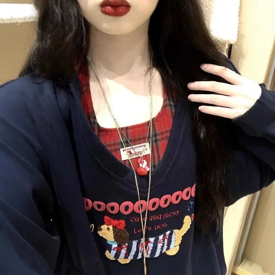 الخريف الشتاء رقيقة نقية الحلو نمط المرقعة منقوشة الخامس الرقبة حجم صغير تنوعا البلوز معلقة الرقبة ملابس داخلية قطعتين...