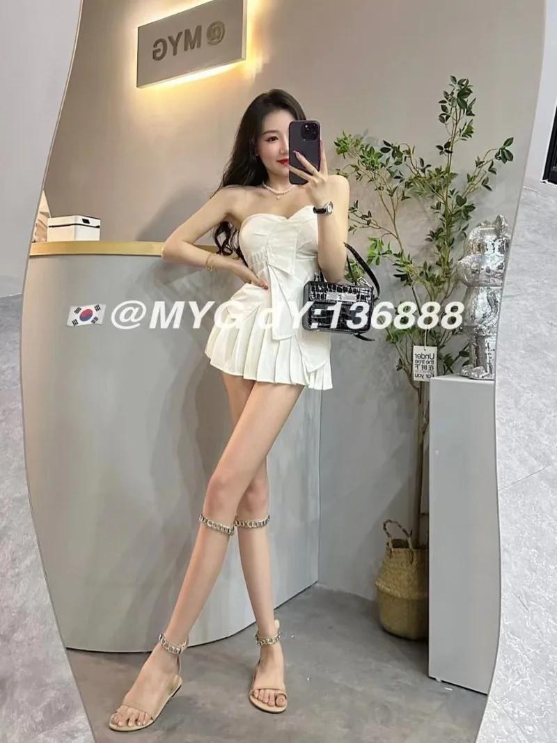 Shpmishal Summer New Design Sensation Spicy Girl Bra Short Top+Fashion High Waist Pleated Skirt Set of Two Female Clothing