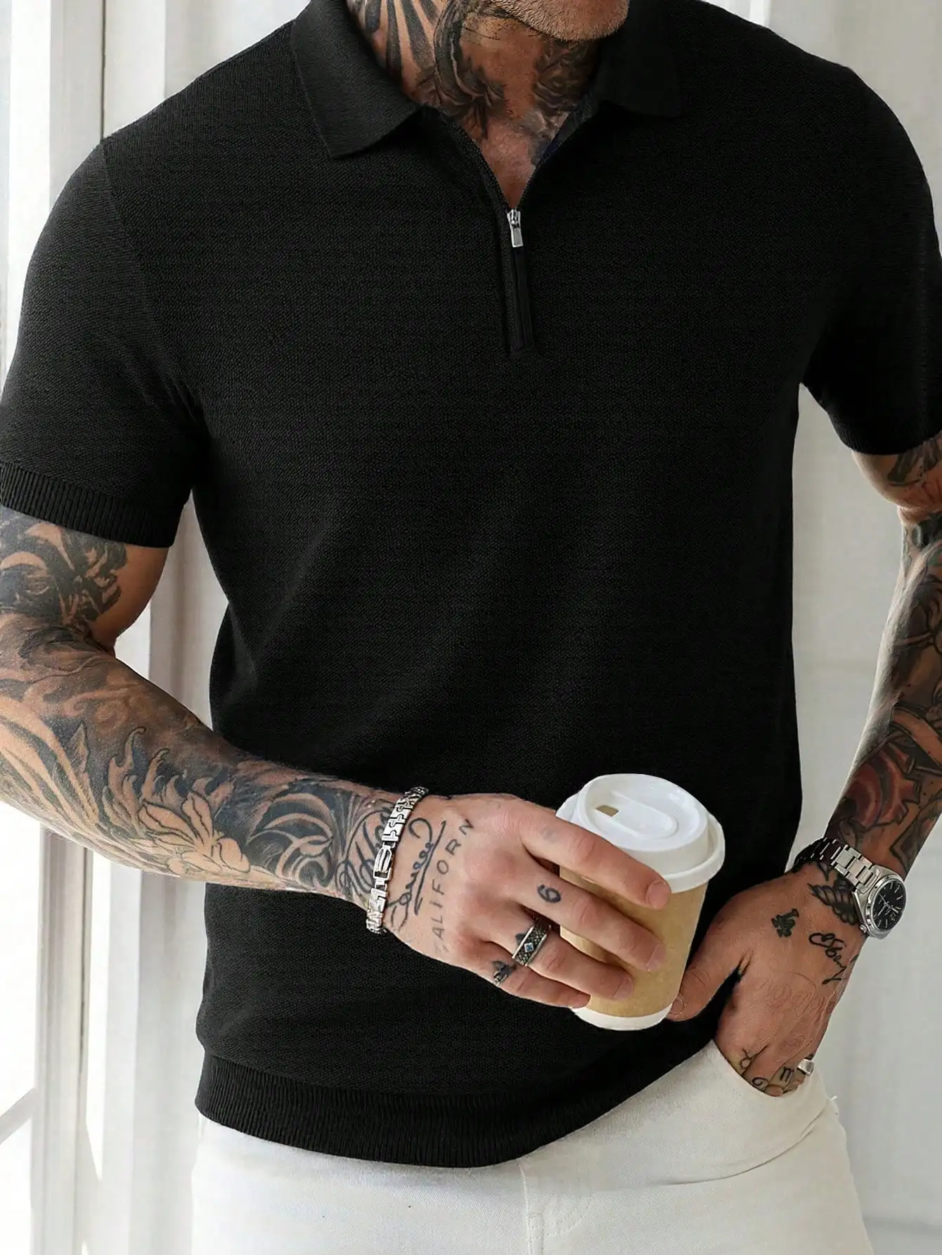 

Men's Black Knit Half-Zip Polo Shirt - Short Sleeve, Breathable & Comfortable for Casual Summer Wear