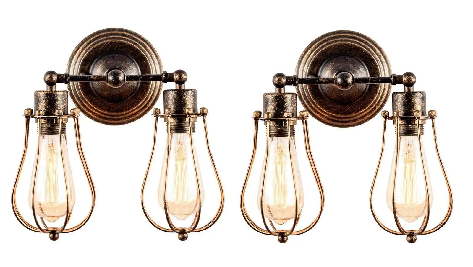 

Double Heads Industrial Wall Sconce - Rustic Loft Antique Wall Lamp with Adjustable Wire Cage,Metal Retro Wall Light for Bedroom