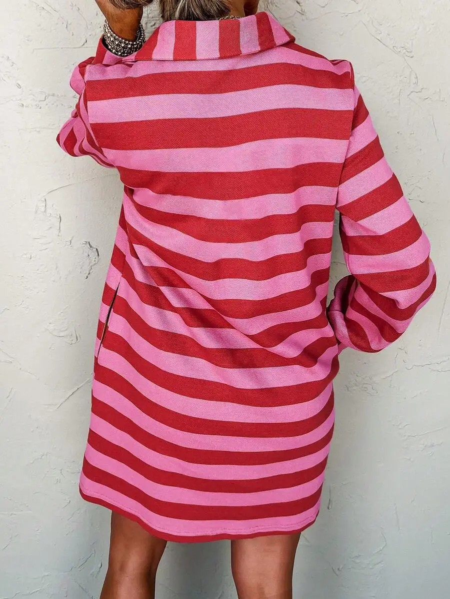 

Womens Red And Pink Horizontal Striped Oversized Shirt Dress With Collar And voluminous Long Sleeves For Spring Autumn