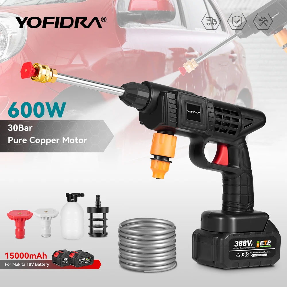 YOFIDRA Copper High Pressure Water Gun Cleaner Handheld Cordless Electric Spray Gun Garden Car Power Tool For Makita 18V Battery