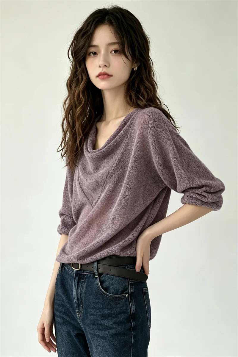 2026 Autumn Women Vintage Tie Dye Cowl Scoop U Neck Knit Top Cloud Feel Loose Long Sleeve Sheer Pullover