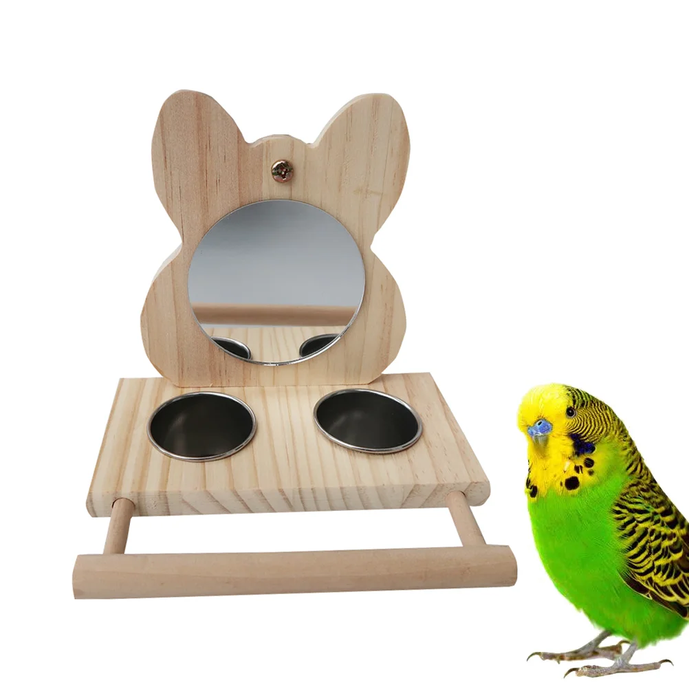 

Morror Water Food Bowl Wood Holder Parrot Cage Accessory Parrot Feeding Bowl Stainless Steel Bird Feeder