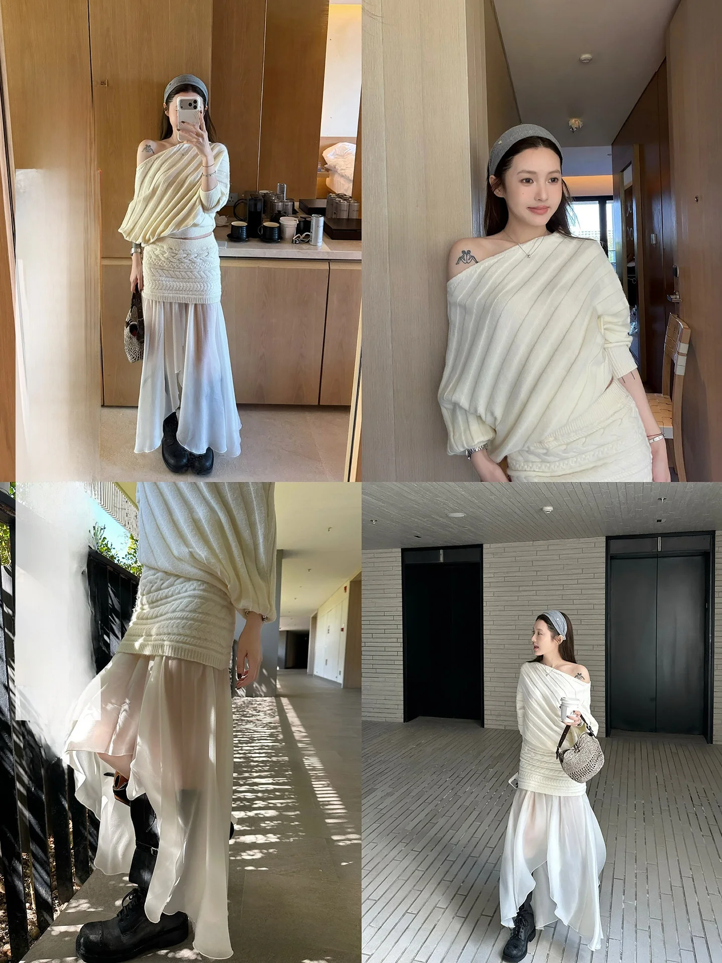 

NingSi Lazy Knitted Sweater Women's Spring Season Shoulder Bared Wrap around Skirt Set Casual Style Long Sleeve mid Length