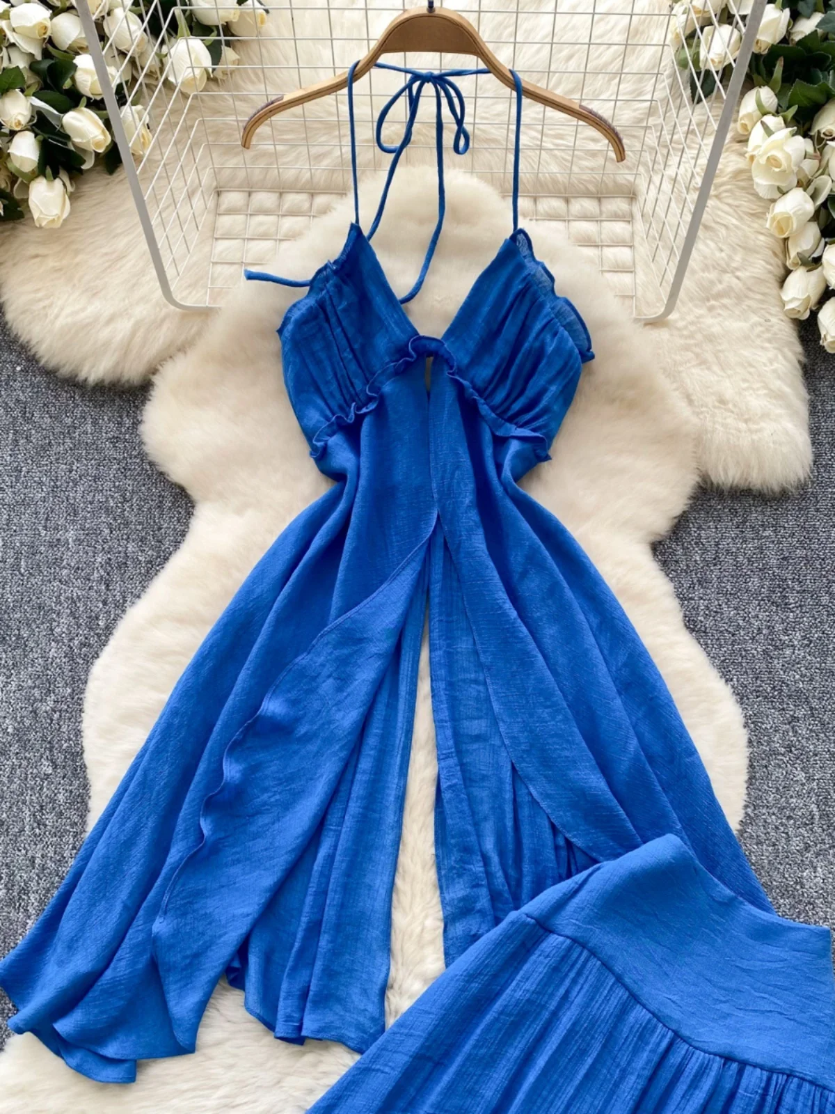 

Vaion Themed High Waist Split Women's Two-Piece Set Ne Hanging Strap Top And Flowing f-length Skirt Faionable Ensemble