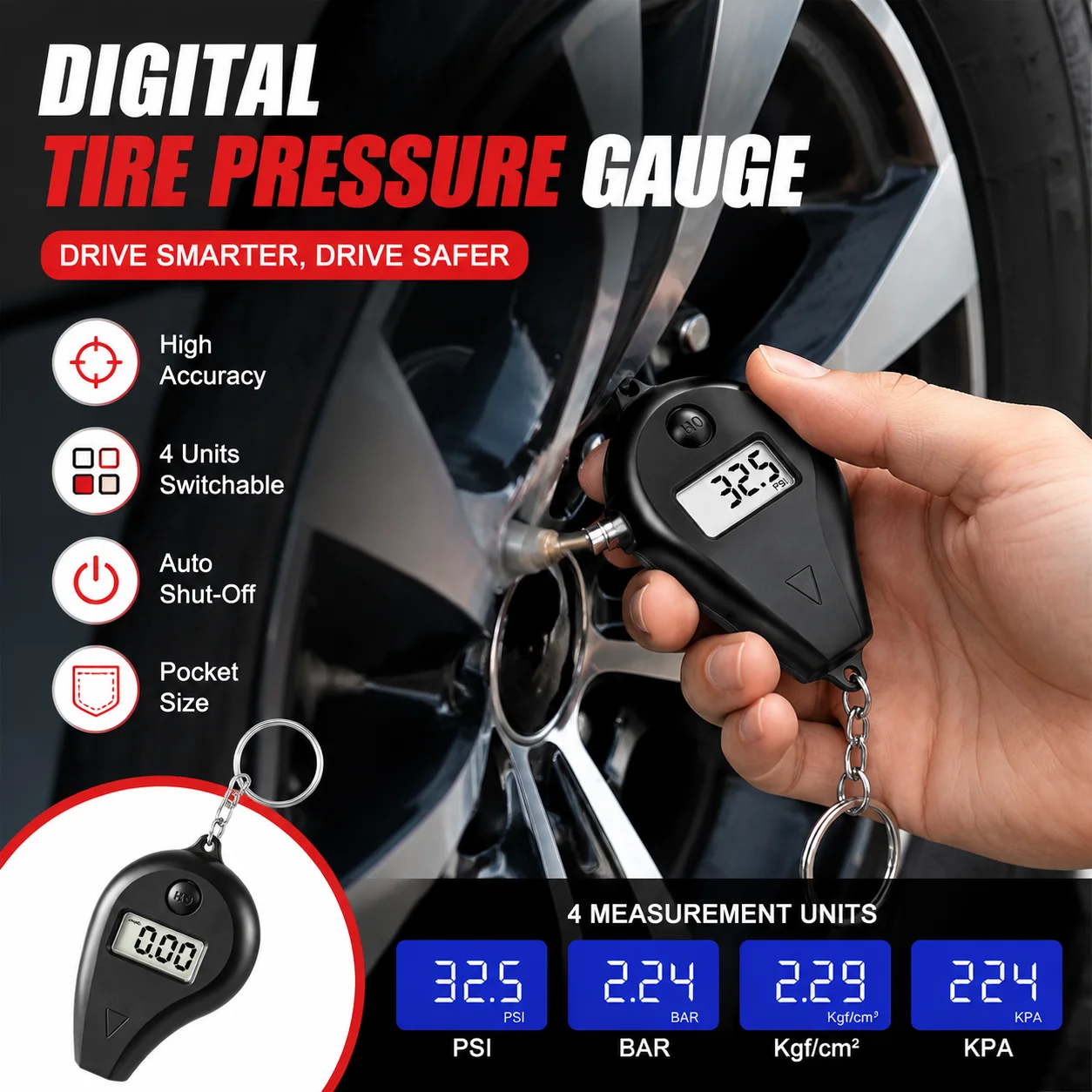 Tire Pressure Gauge with LCD Display Digital - Auto & Motorcycle Air Pressure Tester 0-150PSI Auto Shut-Off Safety Alarm Tool
