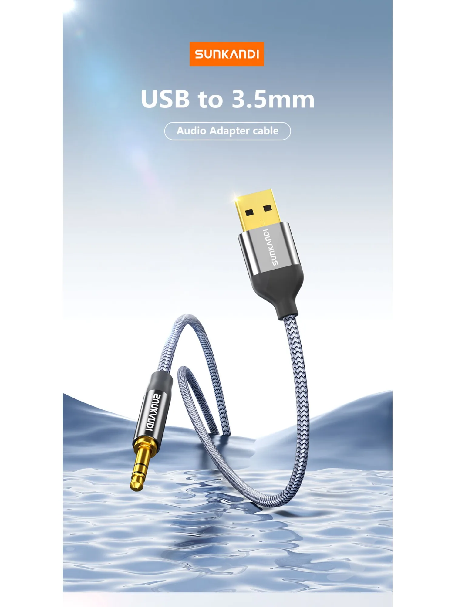 SUNKANDI Adaptateur USB vers prise audio 3,5 mm, cordon audio stéréo USB A vers 3,5 mm AUX pour PC, ordinateur portable, haut-parleur, casque