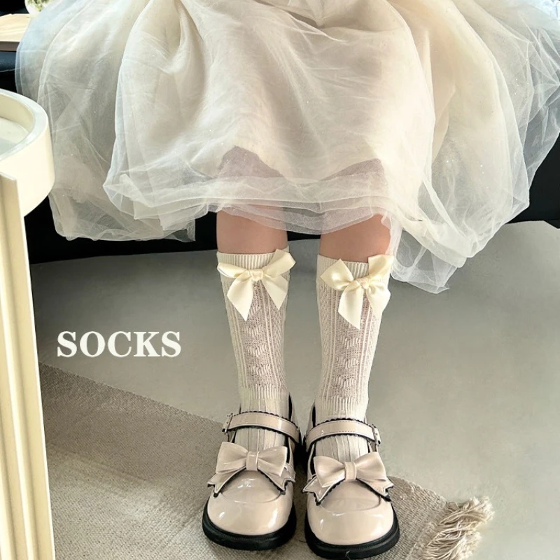Sweet Princess Children's Girl Sock Beige Jacquard Bow Heart Floral Calf Sock for Kids Spring Summer Soft Cotton School Sock