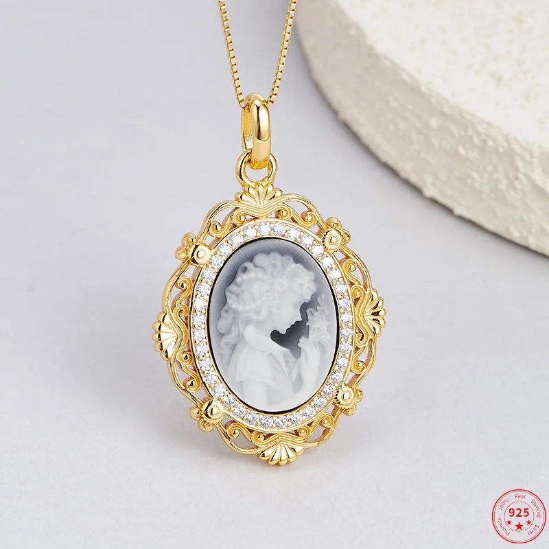 

Подвески из стерлингового серебра 925 пробы для женщин и мужчин, позолоченный узор, инкрустированный агат, при покупке красивой девушки, камея, очаровательные ювелирные изделия, оптовая продажа