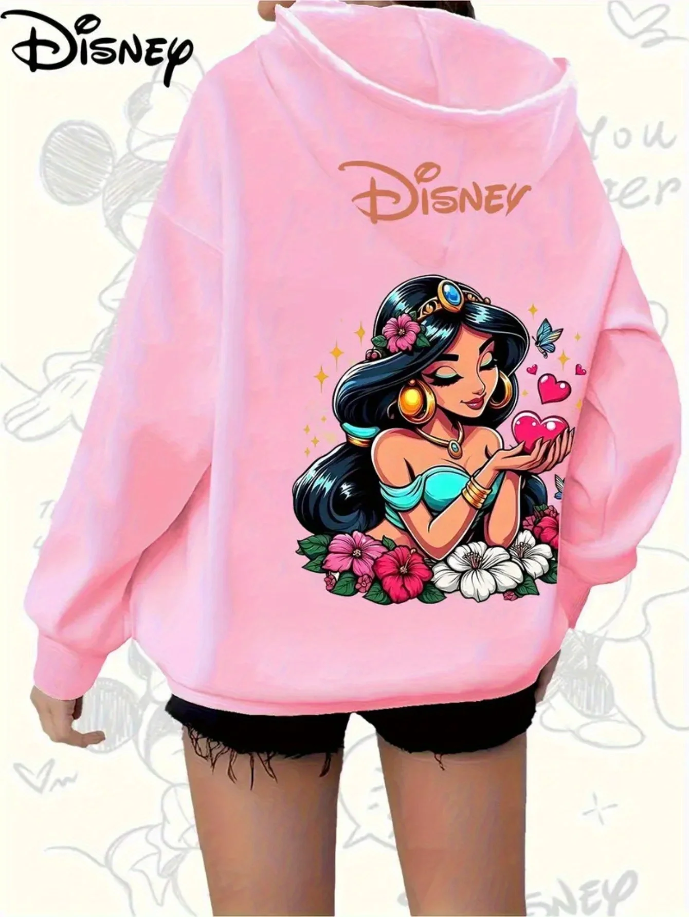 سويت شيرت نسائي بقلنسوة من Disney Official Jasmine Princess باللون الوردي الباستيل مع لمسات ذهبية للأميرة المرخصة رسميًا #2