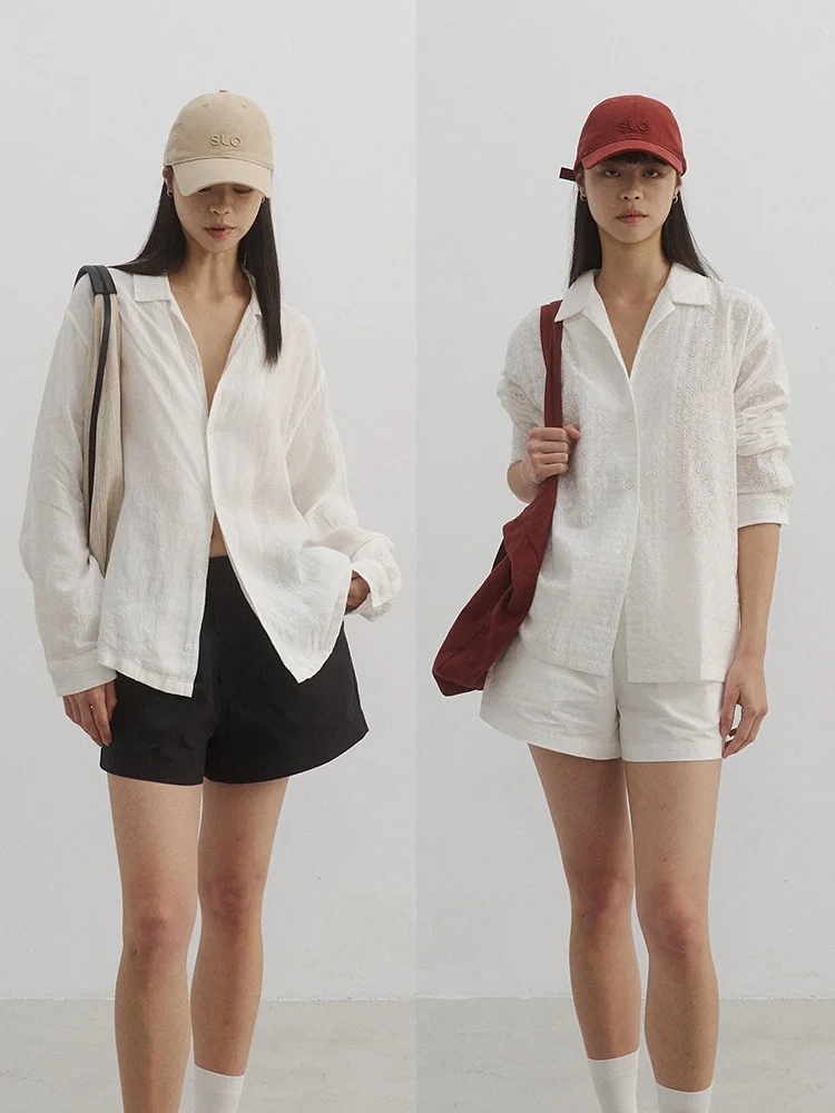 

White Waed Linen Casual irt Loose Fit oulder Drop Cuff Long Sve Flip Collar Regular Length Single Color Button Detail