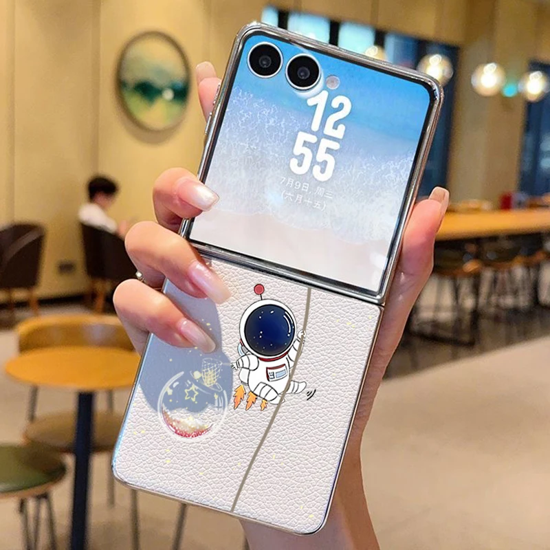 Astronaut Pattern PU Leather Phone Case For Samsung Galaxy Z Flip7 FE Flip6 Flip 7 6 5 5G Silver Plating Frame Hard Back Cover