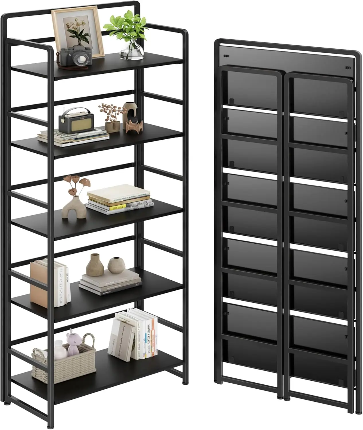 

No Assembly Folding Bookshelf, 5 Tiers Collapsible Book Shelf for Home Office, Vintage Wood Foldable Bookcase Storage Organizer
