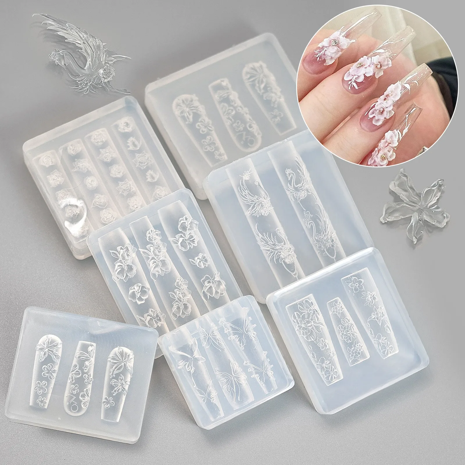 3D Nail Art Silicone Mold, 6 Designs Soft Transparent Polish Mold for Nail Extension, Ice Flower Bow Ribbon Decor