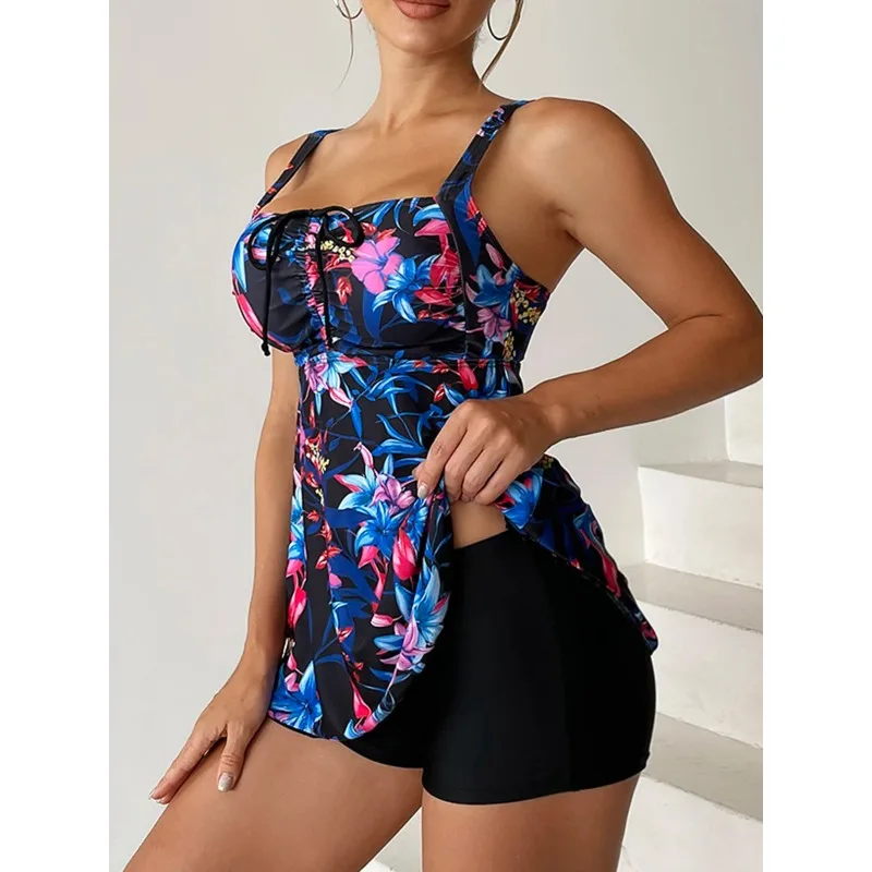 Floral impresso tankini conjunto de duas peças maiô feminino cordão cintura alta biquinis maiô feminino beachwear natação verão