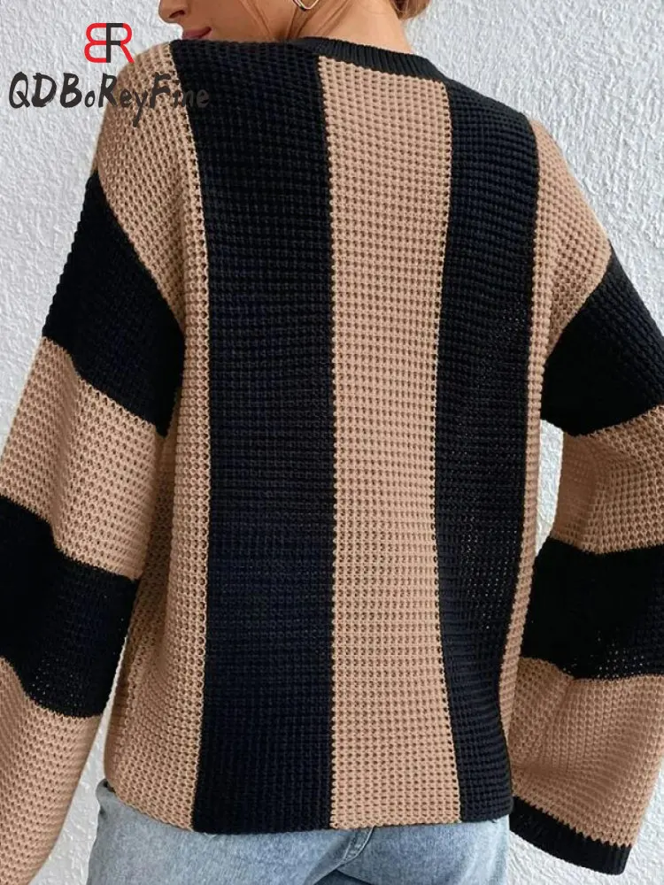 Autumn Winter Women\'s Knitted Pullovers Vintage Loose O-neck Long Sleeve Tops Casual Oversized Striped Sweaters for Women 2024