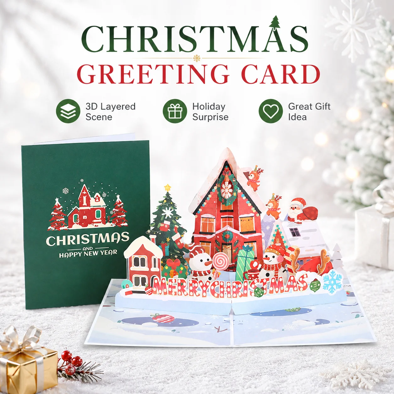 Christmas House Greeting Card,Holiday Greeting Ideal Gift for Sharing Christmas & New Year Joy 3D Pop Up Christmas Card