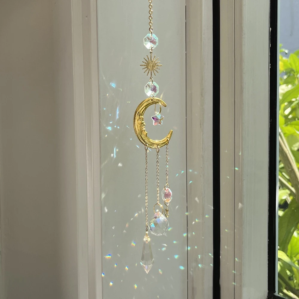 Crystal Pendant Hanging Sun Catcher Stained Glass Moon Sun Sunlight Catcher Rainbow Maker Balcony Yard Crystal Wind Chime