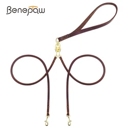 Benepaw Genuine Leather Double Dog Leash Durable Heavy Duty No Tangle Dual Puppy Pet Leads For Small Medium Dog Walking Training