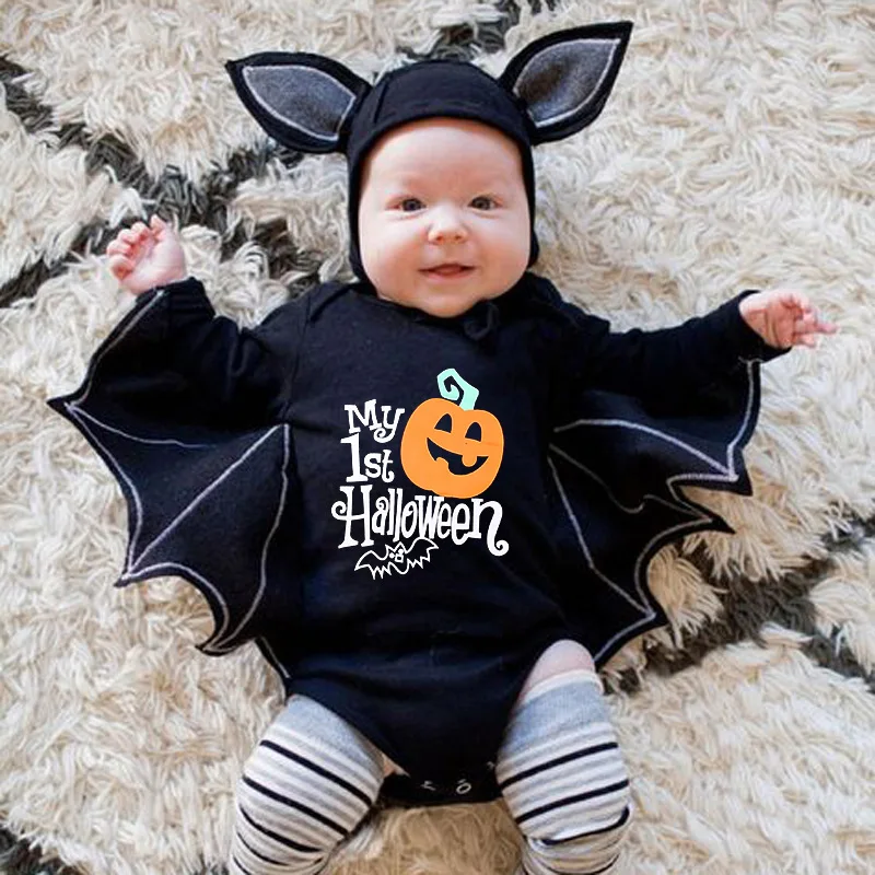 Halloween Baby Jumpsuit Pumpkin Head Skull Bones Infant Costume Bat Romper Long Sleeve Round Neck Button Suit 2Pcs Clothes Set