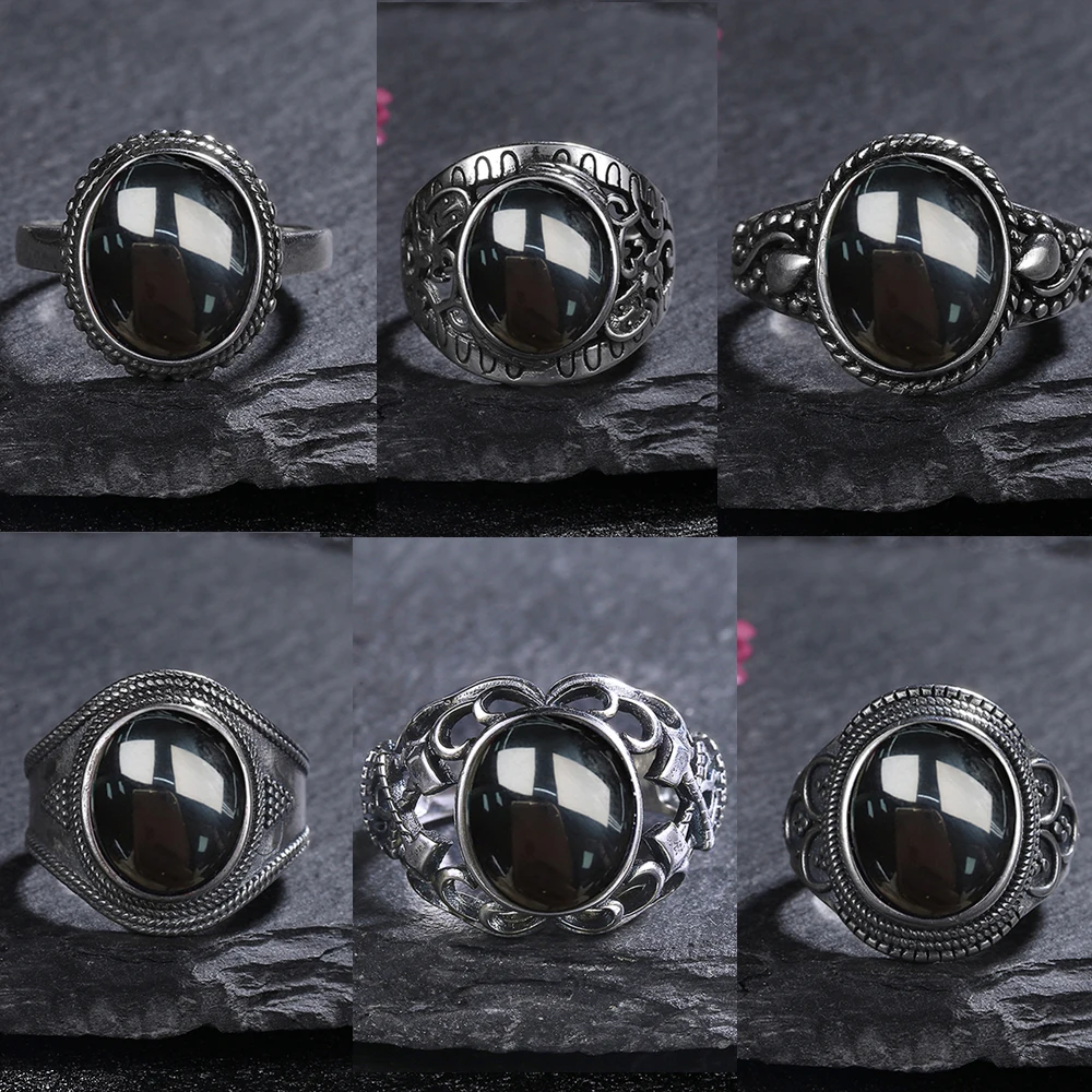 S925 Sterling SilverRing for Women 10*12 Oval Round Natural Black Agate Ring Gift Sun Shaped Retro Luxury Fine Jewelry