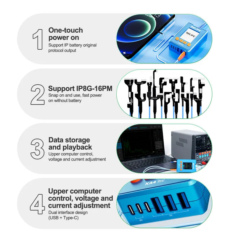 كابل طاقة RELIFE XA4 Pro بلمسة واحدة USB + Type-C، شاشة عالية الدقة 2 بوصة، تخزين البيانات وتشغيل دعم أدوات إصلاح IP8G-16PM