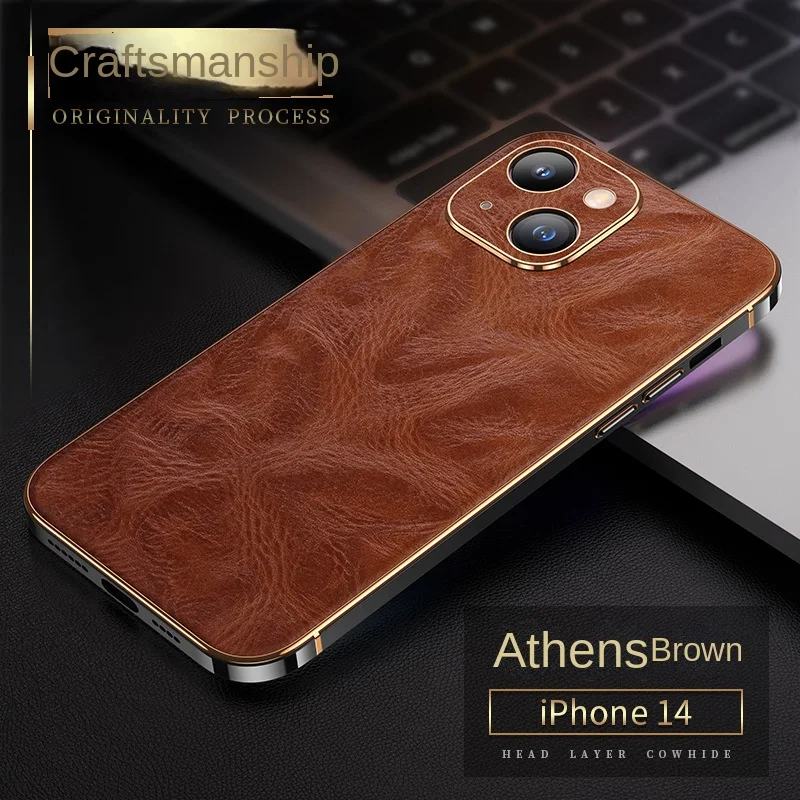 Luxury Cowhide Leather for iPhone 14 Pro Max Case,Genuine Leather Oil Wax Metal Border for iPhone 13 Pro Max Case