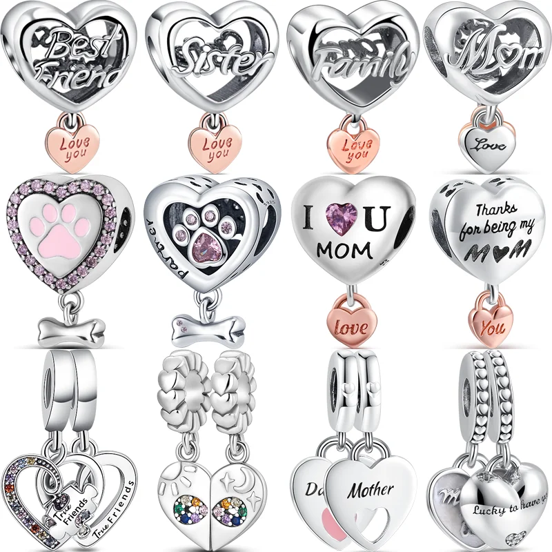 

New 925 Silver I Love Mom Paw Print Friend Heart Family Pendant Shiny Beads Fit Original Pandora Charms Bracelets Luxury Jewelry