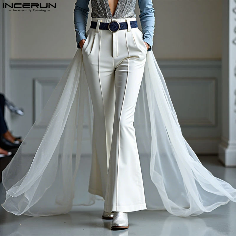 

INCERUN мужские брюки сетчатые лоскутные пуговицы элегантные вечерние повседневные брюки мужские уличные модные мужские длинные брюки для отдыха S-5XL 2025