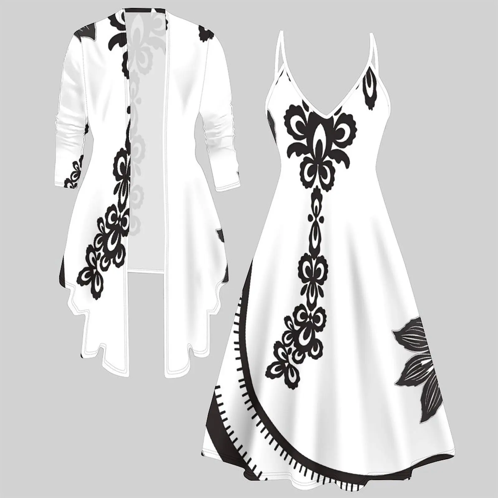 Women Print 2 Piece Matching Outfit V Neck Spaghetti Strap Flowy Midi Slip Dress 3/4 Sleeve Irregular Long  Cardigan