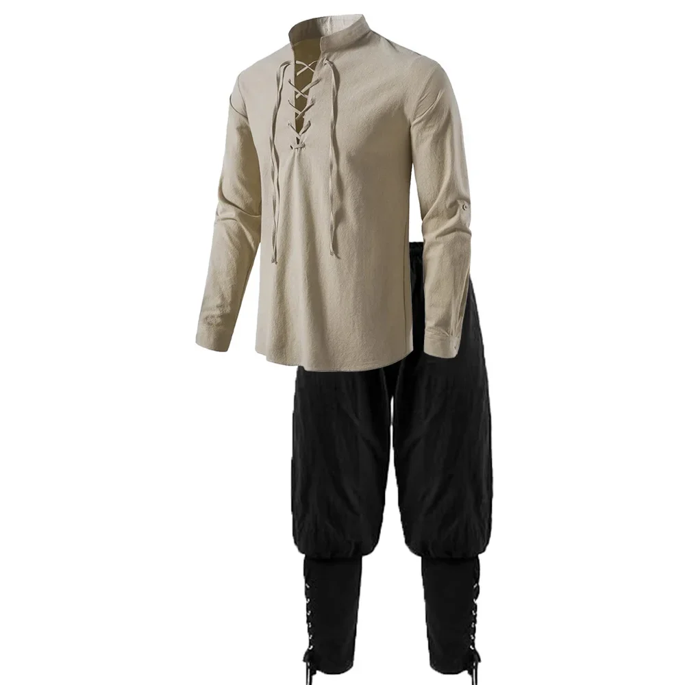 2 pezzi costume da cavaliere medievale da uomo set rinascimentale cosplay camicie da pirata pantaloni con fascia alla caviglia per Halloween tessuto