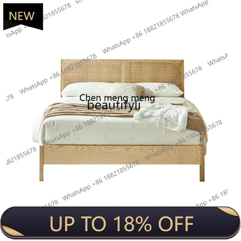 

P178 Rattan Solid Wood Bed 1.8 M Bed & Breakfast Japanese Style Double Hotel Bed in Master Bedroom Nordic Indonesia Real Rattan