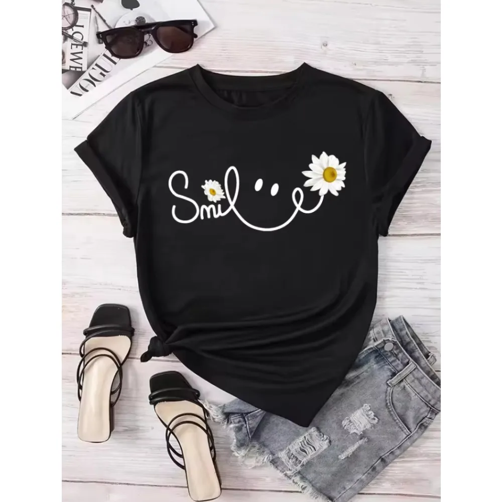 Beautiful Daisy Smile Letter Printed T Shirt Harajuku Fashion Graphic Black T Shirt Shirt Casual O-neck Female Tops Tee