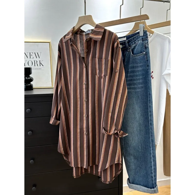Label Collar Retro Striped Shirt Jacket Women's Loose Casual Medium and Long Shirt 4