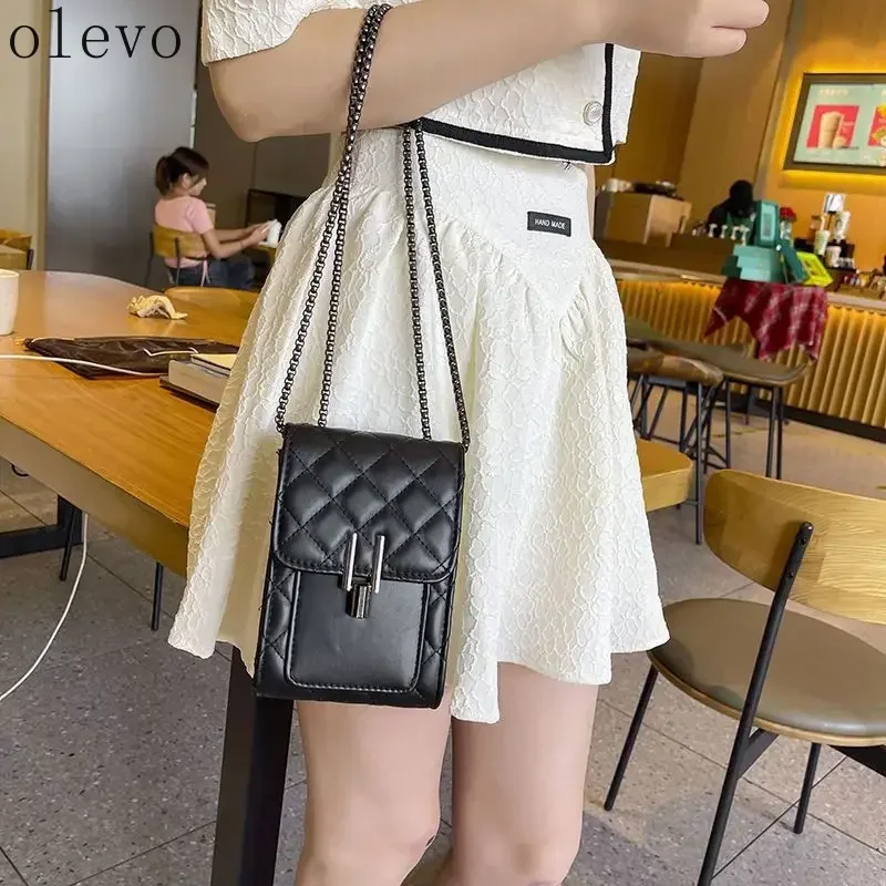 Black Diamond Grid Pattern Phone Crossbody Bag Exquisite Hardware Buckle Long Chain Strap Fashion Mini Bag
