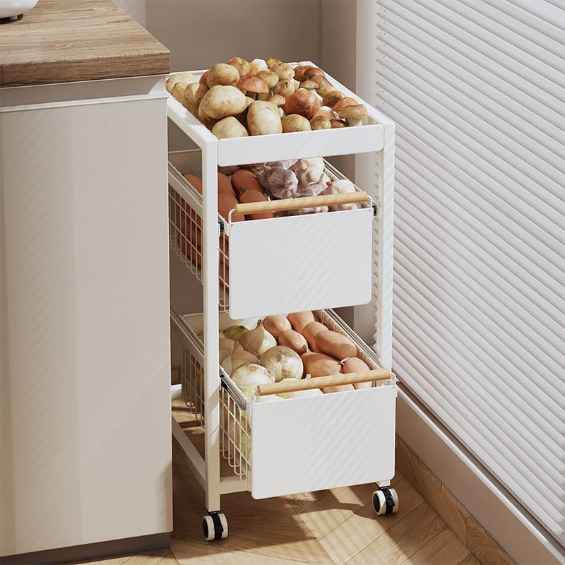 Kitchen trolley rack Vegetable under the counter Vegetable basket Storage Carbon steel rack Narrow slot trolley