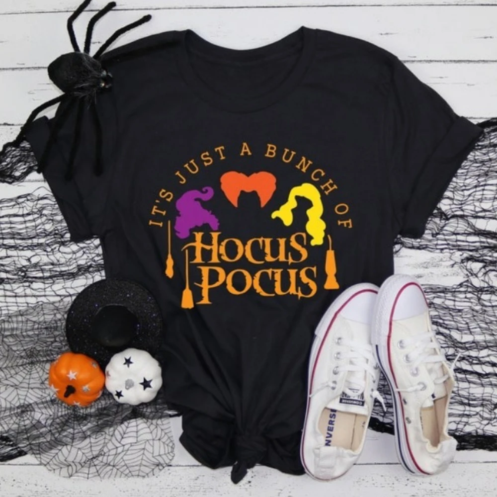 It's Just A Bunch of Hocus Pocus T-Shirt Funny Halloween Party Shirts Hocus Pocus Sanderson Sisters Tee Women Casual Cotton Tops