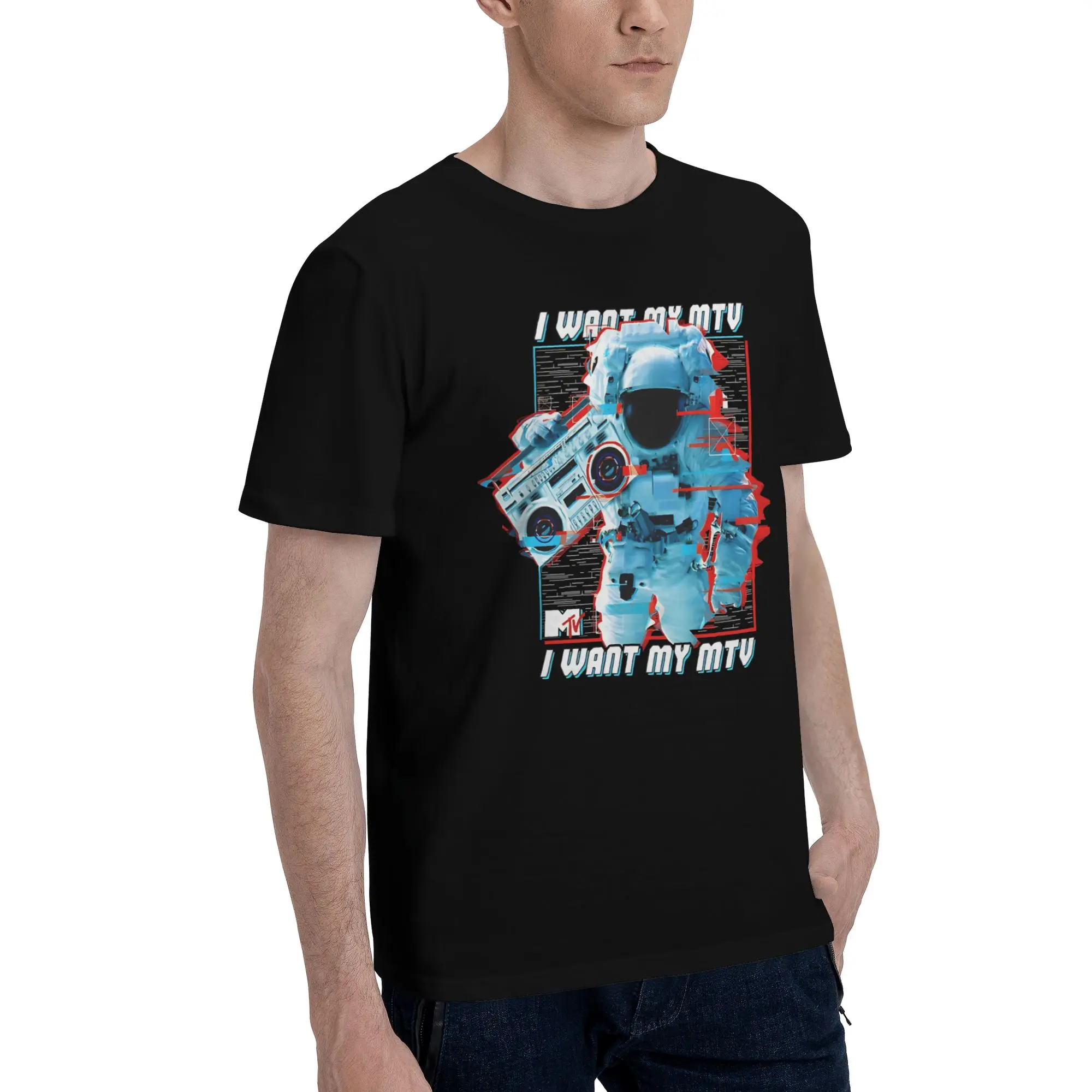 Music Television Glitched Astronaut I Want My MTV  Novelty 100% Cotton T-Shirt MTV Tees Tops For Men