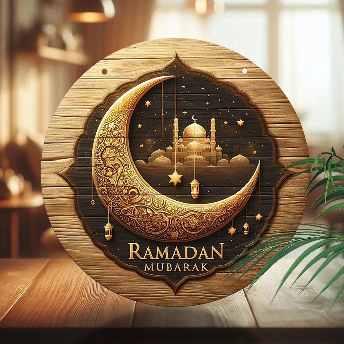 2D Flaches 1-teiliges Vintage Ramadan Mubarak Holzschild, 19,99 cm, aus Holz gefertigter Wandbehang, Arabische Eid-Feiertagsdekoration, Religiöse Dekoration