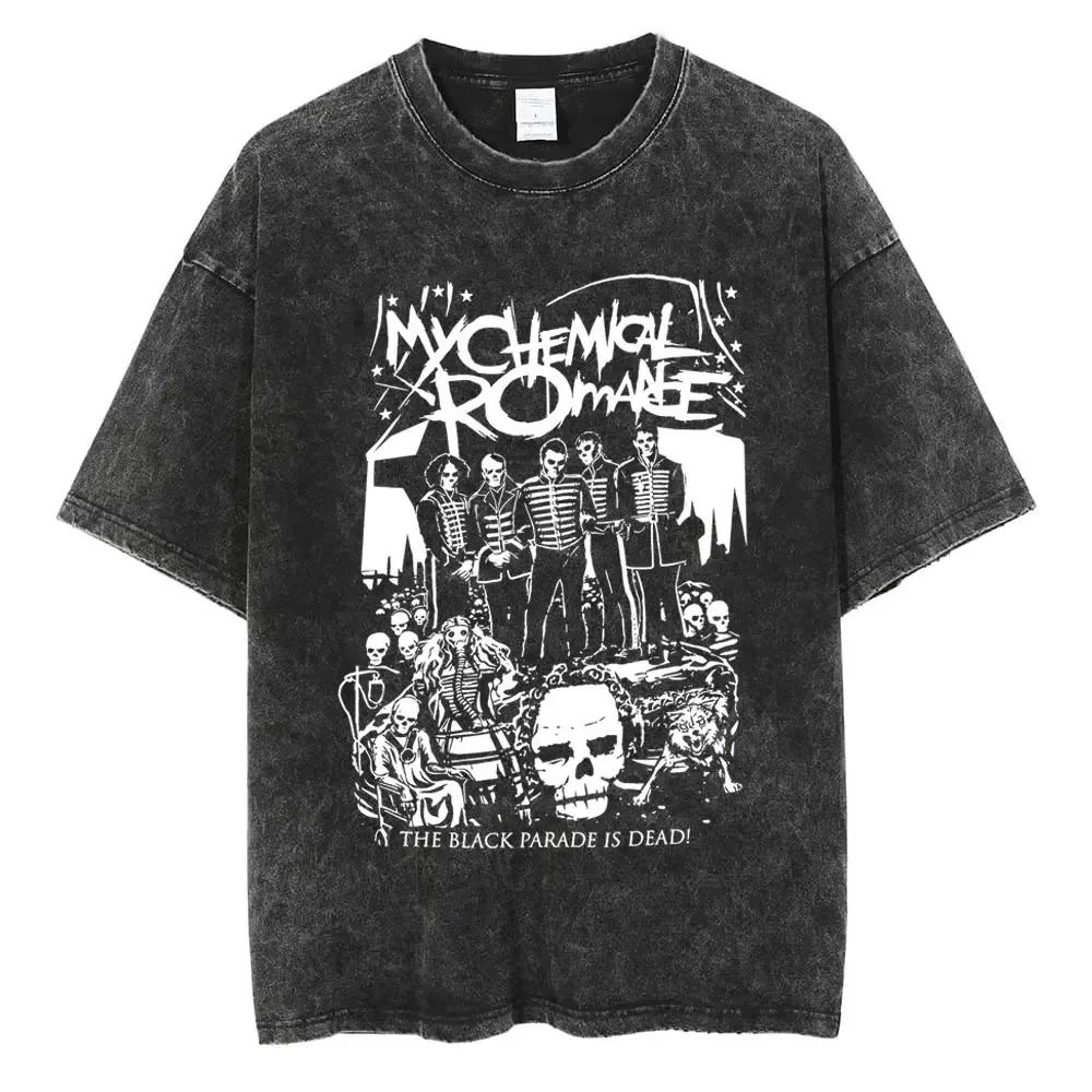 Gothic Hip Hop Wash Retro Short Sleeved Cotton T-shirt Oversize Rock Band Black Parade Men and Women Punk High Street Wear