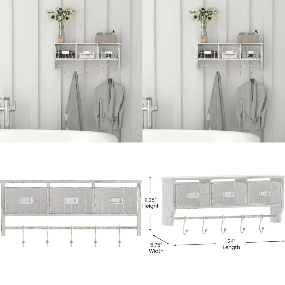

Настенная полка из отбеленной сосны (24 шт.) - 5 крючков, верхняя полка, проволочные корзины для прихожей, кухни, ванной комнаты