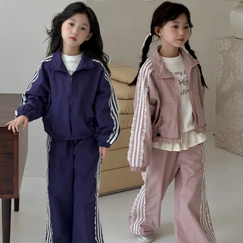 

Girls' Early Spring Leisure Set with Lace Side Piping Sportswear - 2026 New Big Kids' Fashionable Two-Piece Set for Ages 7-14