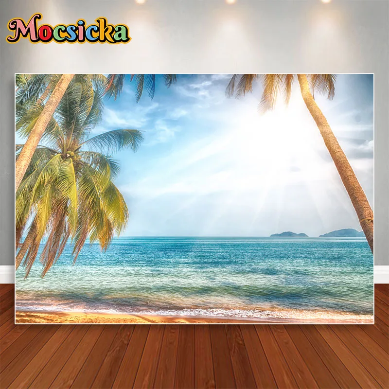 Mocsicka Summer Seaside Sandy Beach Photography Backdrop Palm Tree Hawaiian Party Holiday Background Photo Booth Studio Props