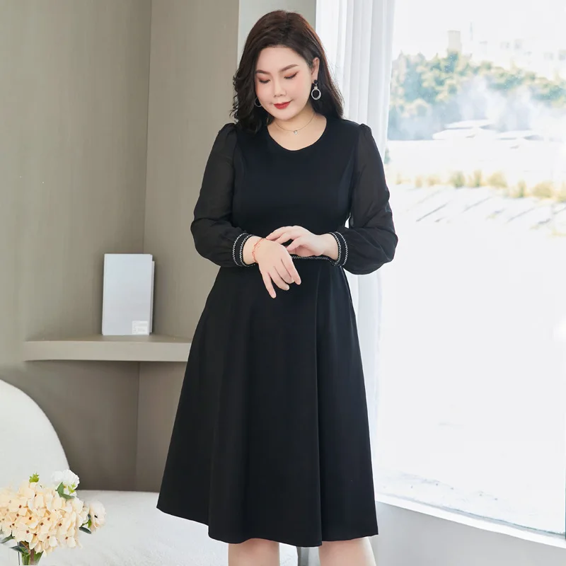 New 2023 Ladies Spring Autumn Plus Size Midi Dress For Women Large Size Long Sleeve O-neck  Dress 2XL 3XL 4XL 5XL 6XL