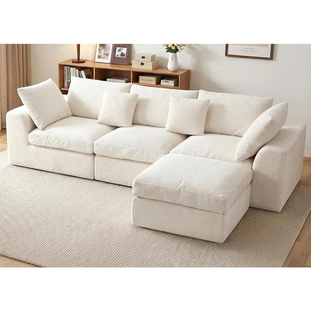 Sectional Couches for Living Room, L-Shaped Convertible Sofa, 3-Seat Modular Boneless Couch with Movable Ottoman,Customized
