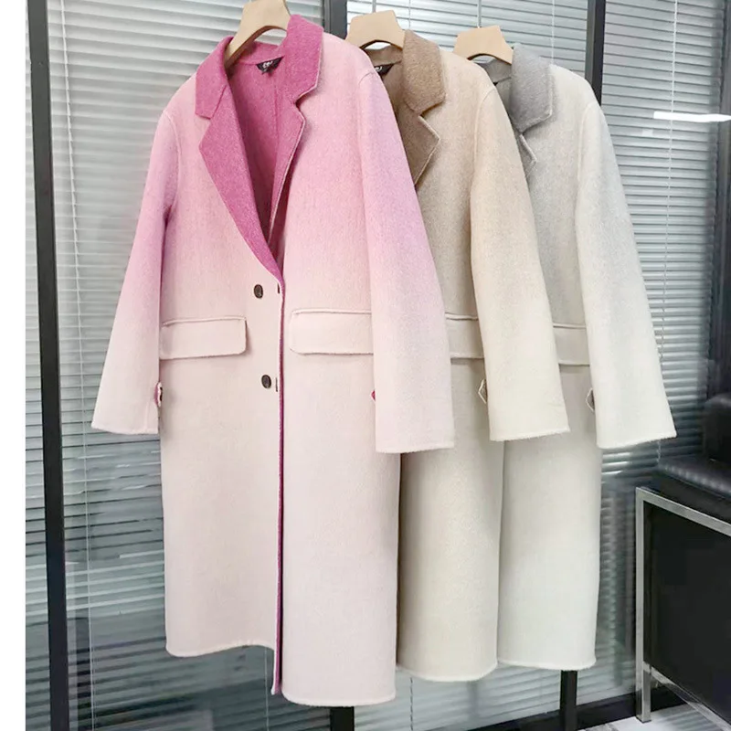 

Promotion 2023 Autumn Winter Women Drouble Breasted Woolen Coats Gradient Color Design Clothes Cashmere Long Coats Tops