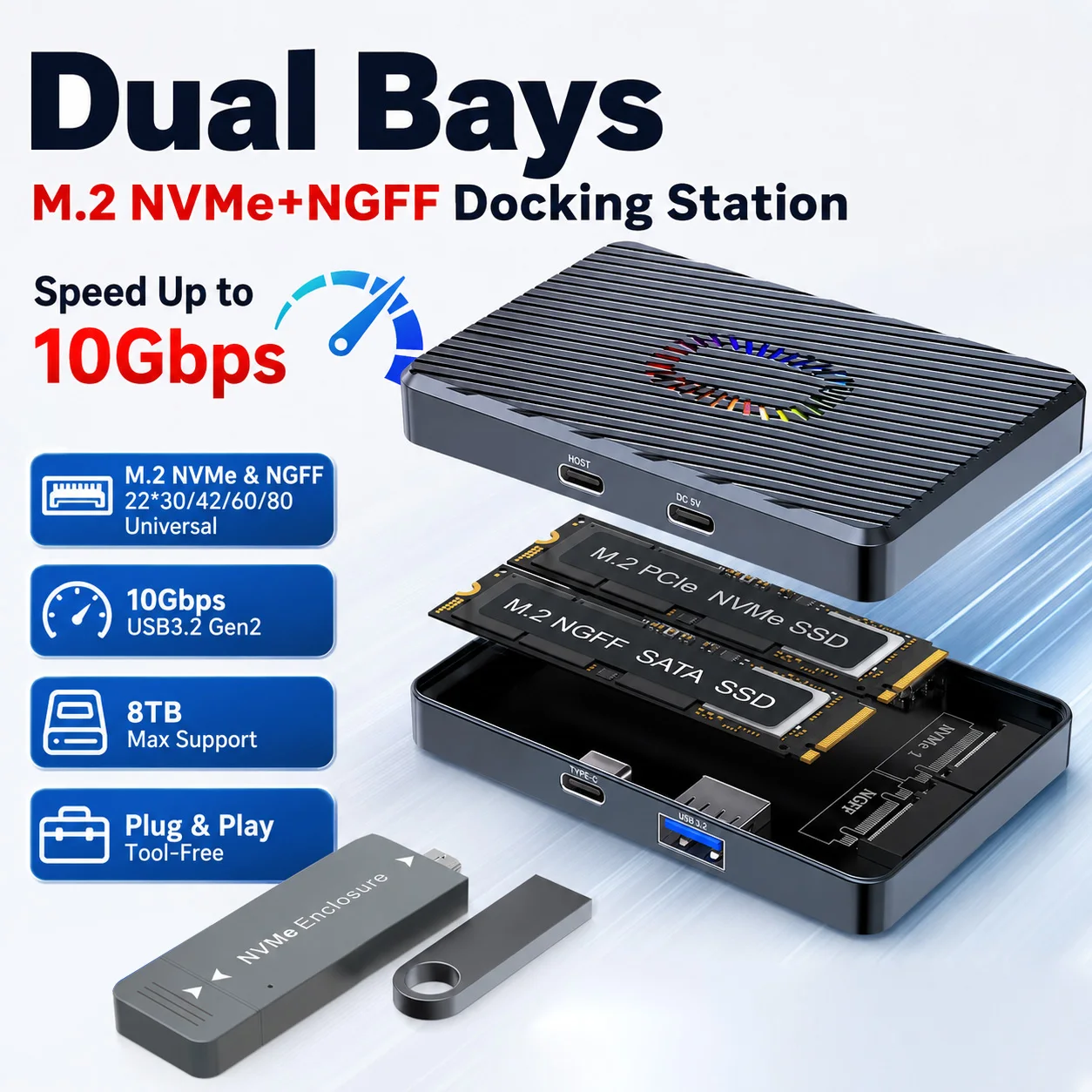 Caja de Doble Bahía para SSD M.2 NVMe NGFF SATA con RGB, 10Gbps, 8TB, USB 3.2, Estación de Acoplamiento, Adaptador para Unidad de Estado Sólido M2 PCIe